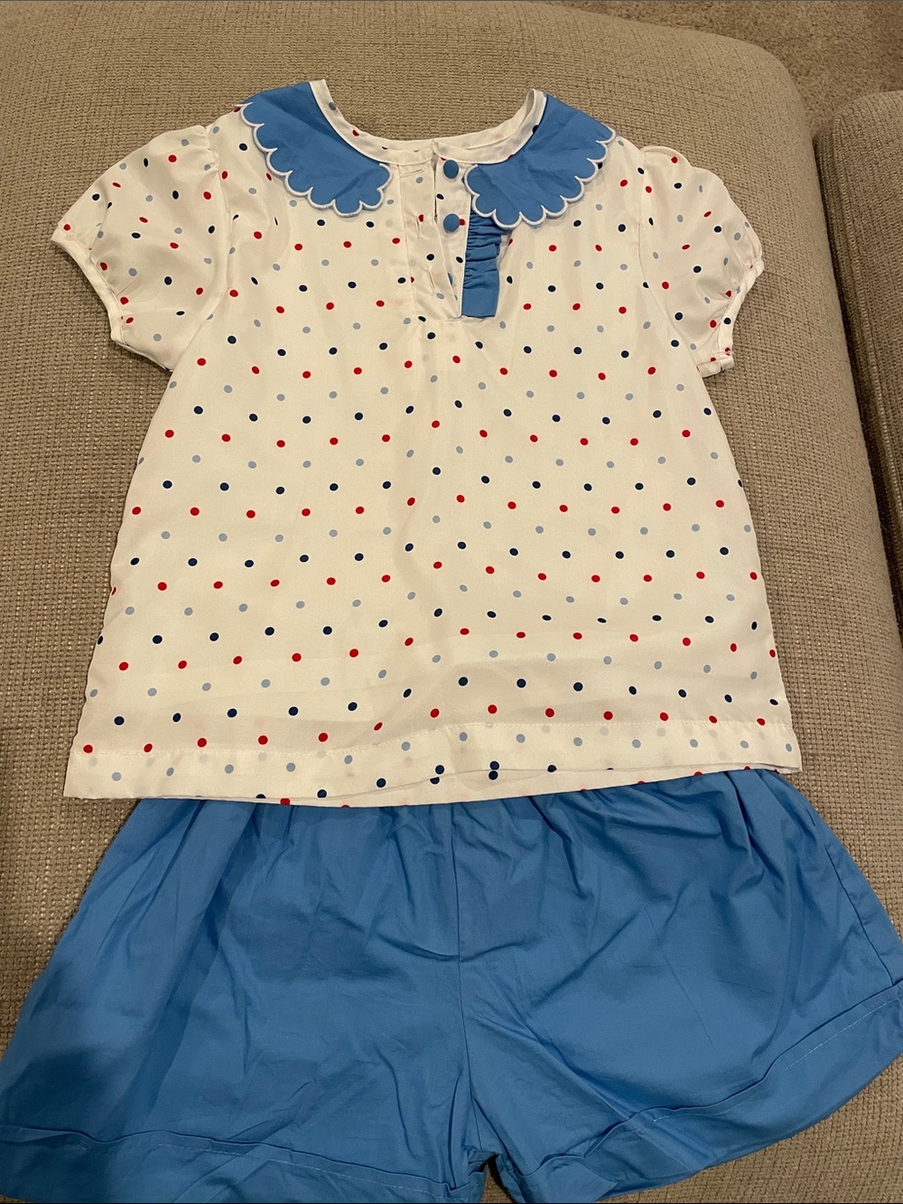 The Oaks Apparel Girls red/white/blue Set with Blue Collar and Shorts